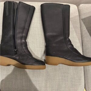 Enzo Angiolini Black Leather Mid-Calf Boots with Tan Wedge Sole